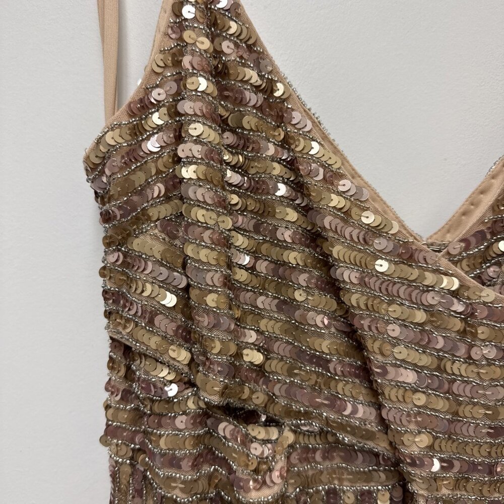 Mac Duggal Size 14 Gold 10817 Sequin Beaded Spaghetti Strap V-neck Gown Dress - Picture 7 of 11